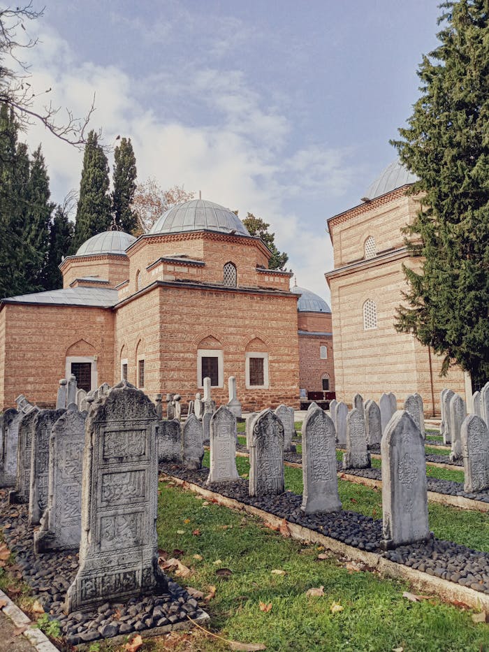 historic-ottoman-cemetery-with-stone-mausoleums-29466201 A serene view of an Ottoman cemetery featuring traditional stone graves and brick mausoleums surrounded by trees.